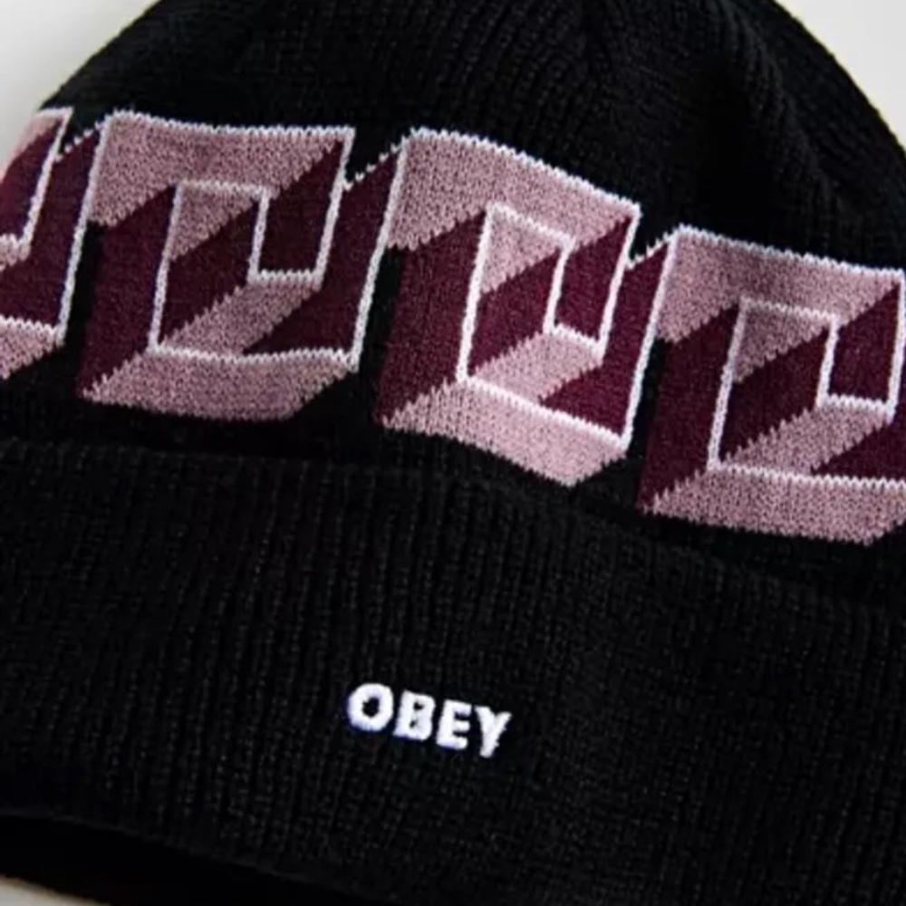Obey Black and Pink Geometric Knit Beanie